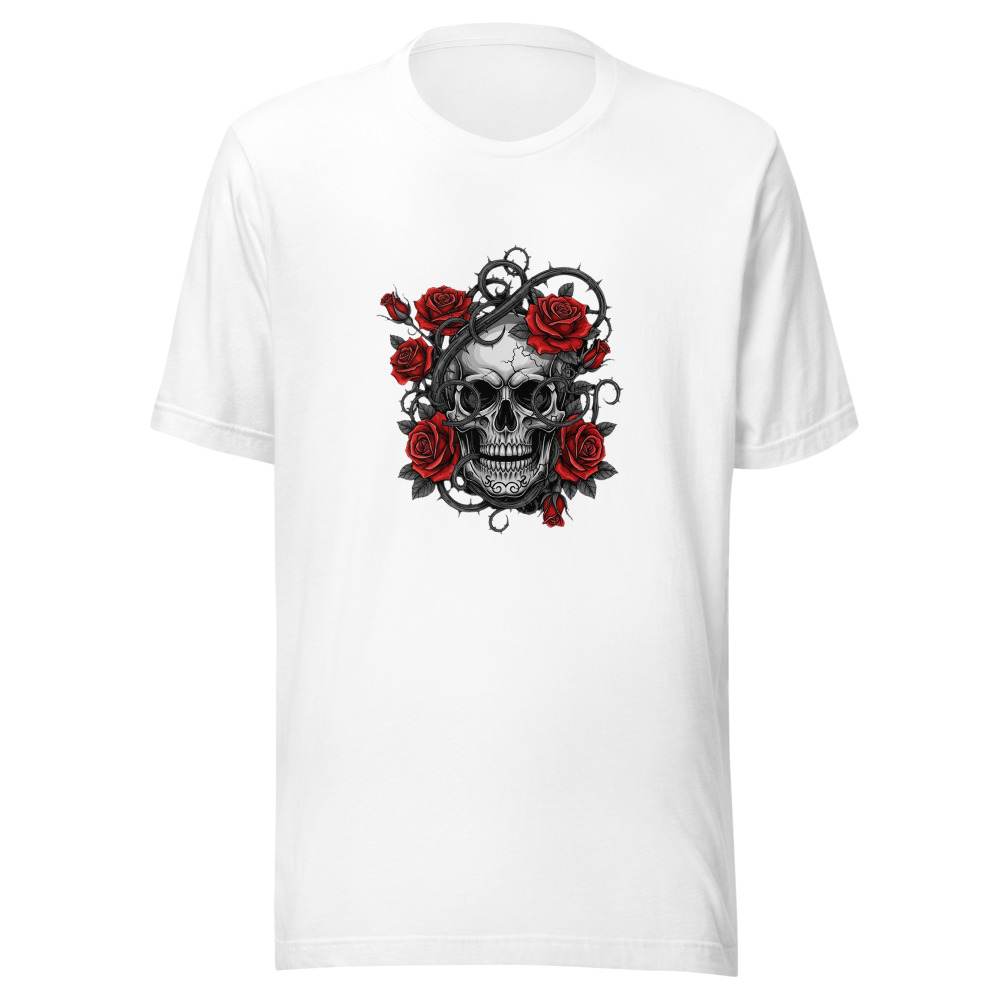 Gothic Rose Tee — AI-generated skull and roses design on a white t-shirt mockup
